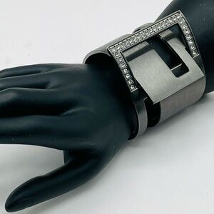 Bold Pewter and Rhinestone Hinged Cuff Buckle Bracelet Statement Edgy Design